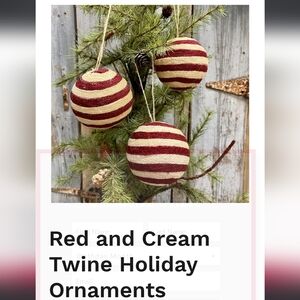 Ragon House- NWT, 6 pack red and cream striped twine holiday ornaments